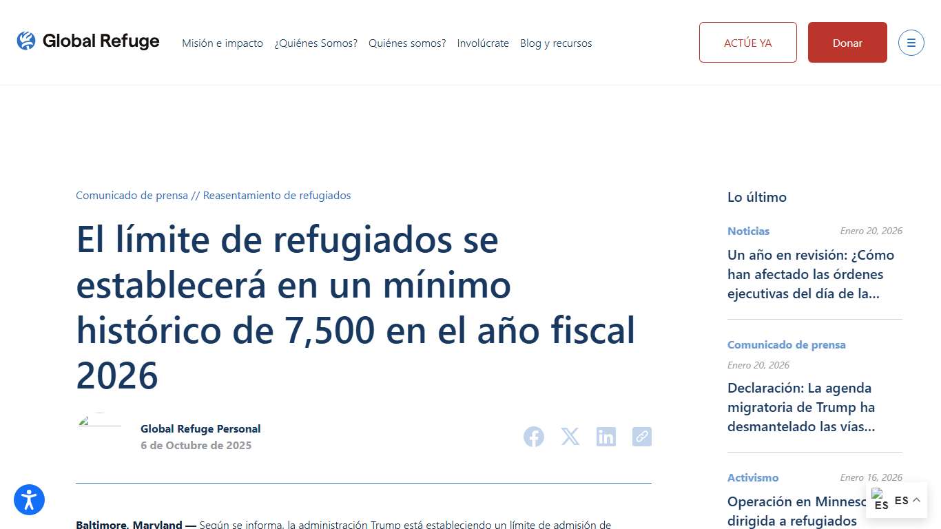 El límite de refugiados se fijará en un mínimo histórico de 7,500 en el año fiscal 2026 Global Refuge